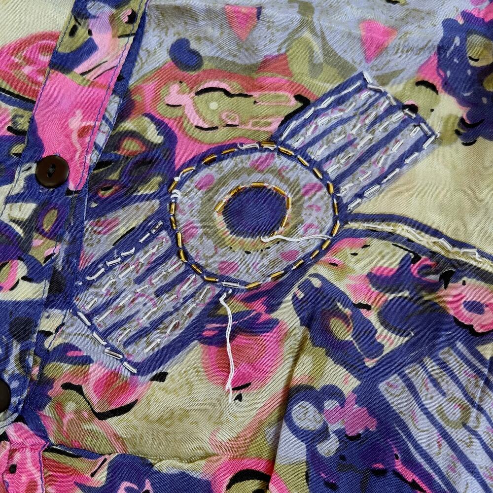 Vintage 1980s Orleon de Paris Abstract Print Whimsical Beaded Blouse Size XL - Picture 8 of 8